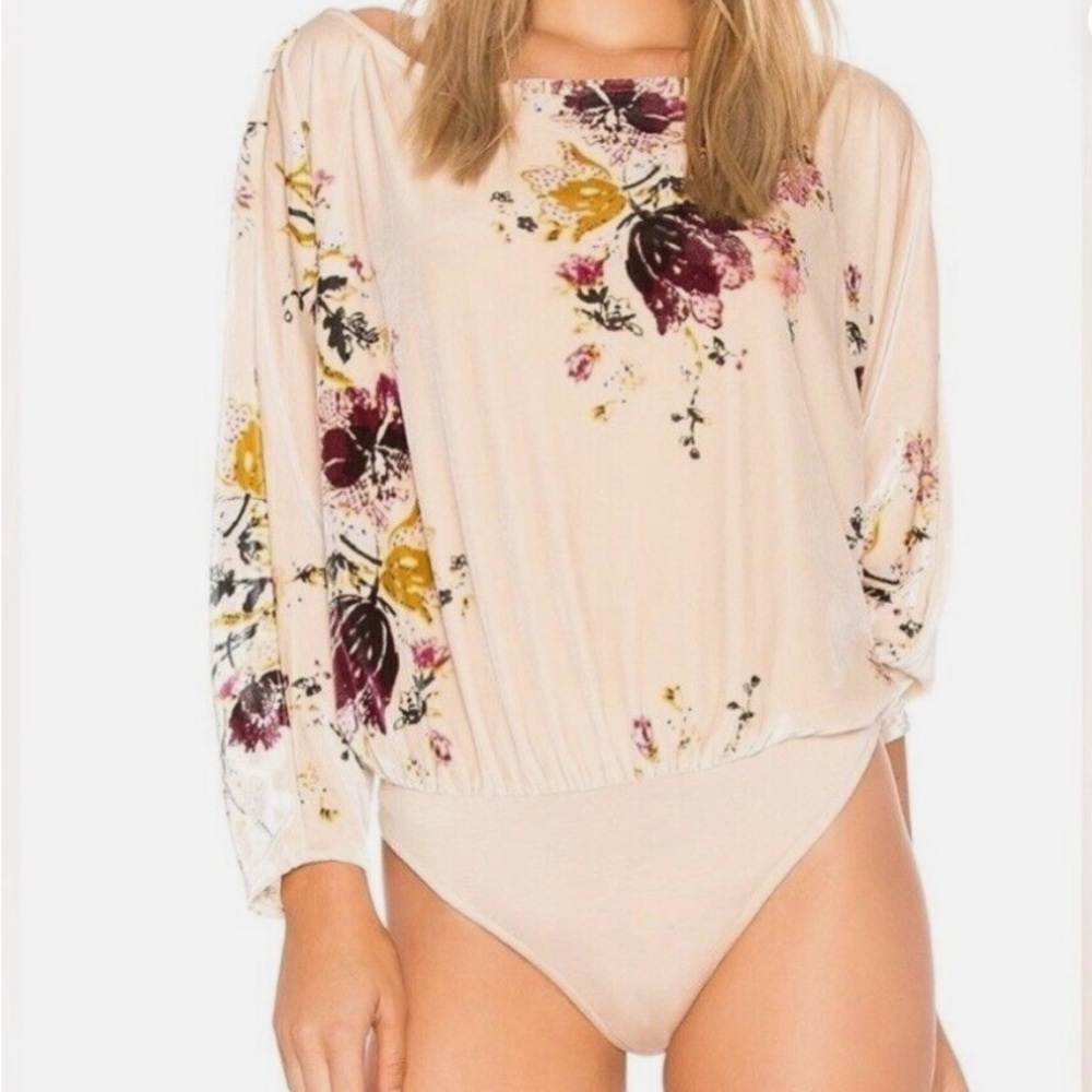 Free People Cream Floral Dolman Sleeve Velvet Bodysuit- Size Small